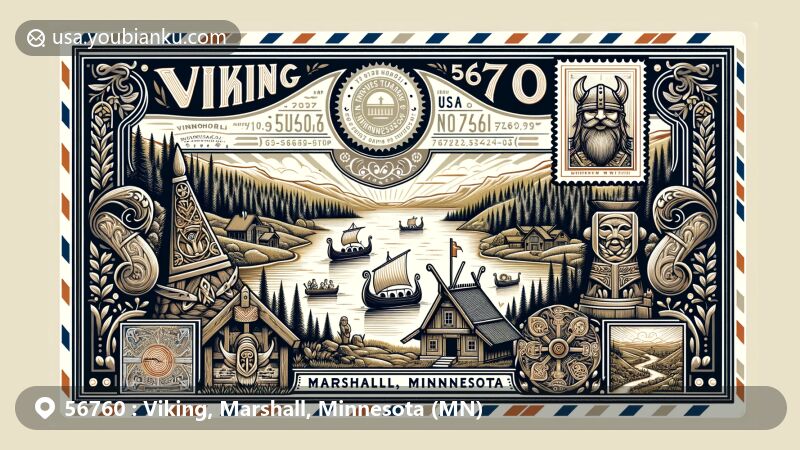 Modern illustration of Viking, Marshall, Minnesota, showcasing postal theme with ZIP code 56760, featuring Norwegian heritage and iconic Scandinavian symbols.