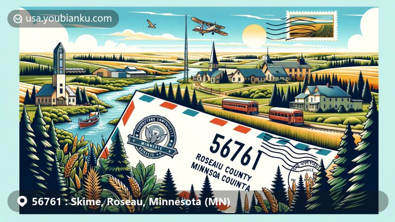 Modern illustration of Skime, Roseau County, Minnesota, representing ZIP code 56761, featuring the Roseau River, prairies, airmail envelope with postal elements, and local landmarks like the Roseau County Historical Society and Museum.