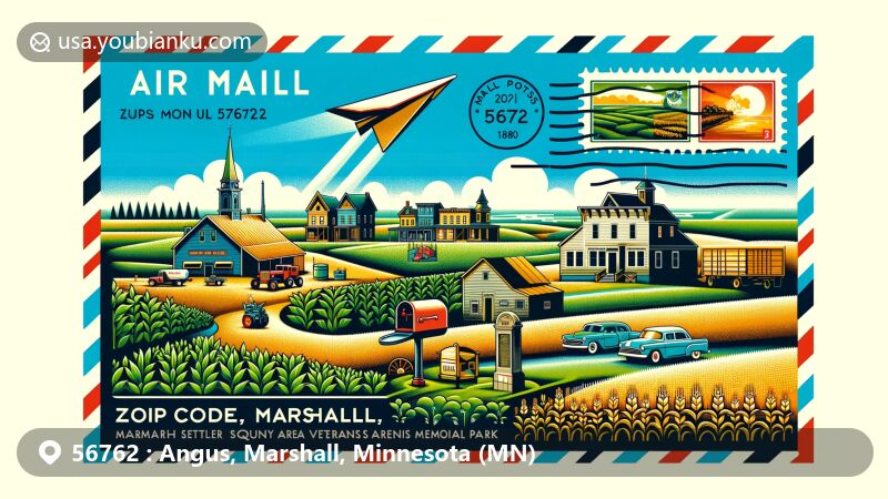 Colorful depiction of Angus, Marshall, Minnesota, highlighting postal theme with ZIP code 56762, featuring agricultural landscape, historic buildings, and postal symbols.