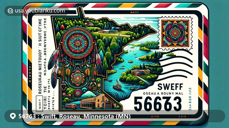 Modern illustration of Swift, Roseau, Minnesota, showcasing postal theme with ZIP code 56763, featuring Roseau County map outline, Roseau County Historical Society and Museum, Native American cultural elements like dream catcher and beadwork, and lush natural scenery.