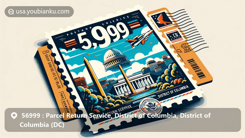 Modern illustration of Washington D.C. showcasing postal code 56999, with Jefferson Memorial and Vietnam Veterans Memorial in the background, featuring postage stamp and postmark with 'Parcel Return Service, District of Columbia'.