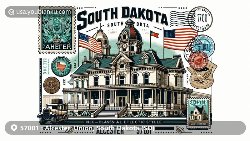 Modern illustration of Alcester, showing ZIP code 57001, featuring Baker House in Neo-Classical Eclectic style, South Dakota state flag, vintage postcard, stamps, postmark.