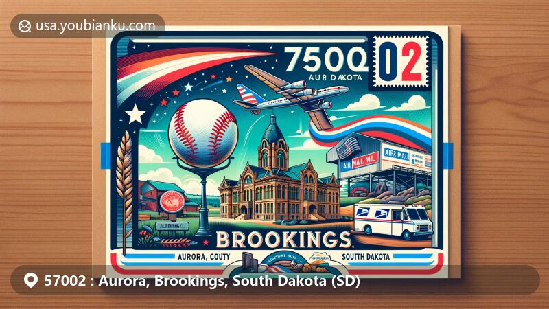 Vibrant illustration of ZIP code 57002, Aurora, Brookings, South Dakota, highlighting regional and postal themes with icons of Brookings County Courthouse, Aurora A's baseball team, outdoor activities, and air mail elements.