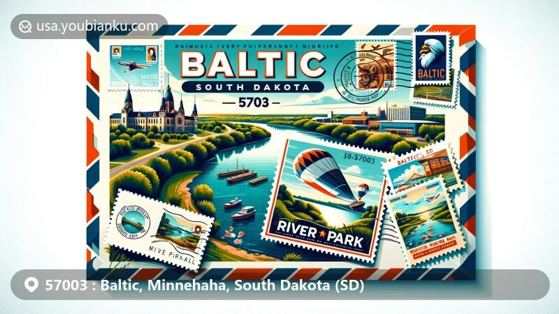 Colorful illustration of Baltic, South Dakota, showcasing River Park scenery and postal theme with ZIP code 57003, featuring Baltic River Park Days poster, Baltic Bulldog baseball team emblem, and local landmarks on stamps.
