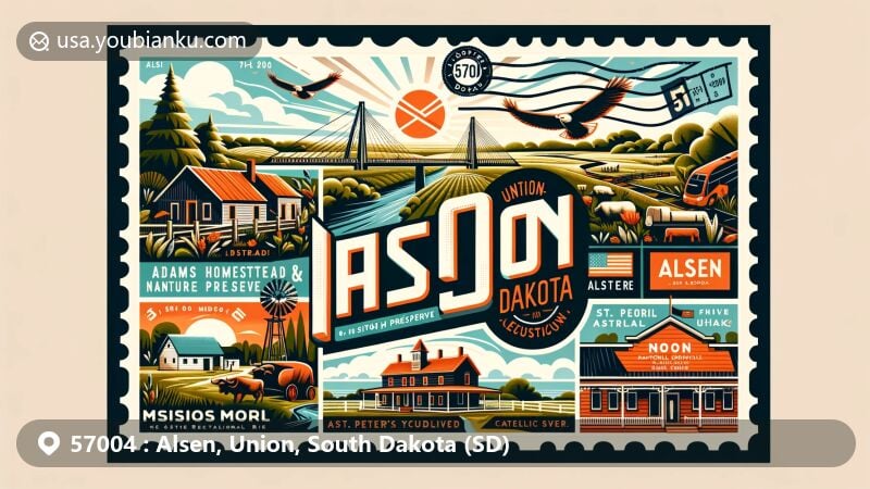 Modern illustration of Alsen, Union County, South Dakota, highlighting postal theme with ZIP code 57004, showcasing Adams Homestead and Nature Preserve, Union Grove State Park, Missouri National Recreational River, Nora Store, and St. Peter's Catholic Church.
