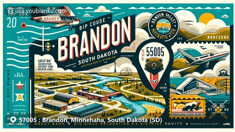 Modern illustration of Brandon, South Dakota, showcasing postal theme with ZIP code 57005, featuring Great Bear Recreation Park and Big Sioux Recreation Area.
