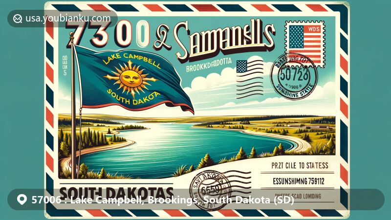 Modern illustration of Lake Campbell, Brookings, South Dakota, featuring the scenic view of the prairie glacial lake with clear waters and lush greenery, showcasing South Dakota state flag with sun symbol, and vintage airmail envelope elements.