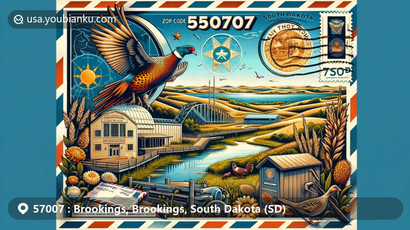 Vibrant illustration of Brookings, South Dakota, featuring South Dakota Agricultural Heritage Museum, Dakota Nature Park, state symbols like American pasque and ring-necked pheasant, and postal elements with ZIP code 57007.