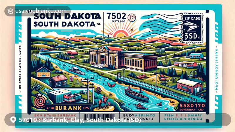 Modern illustration of Burbank, Clay County, South Dakota, showcasing postal theme with ZIP code 57010, featuring key landmarks like Bank of Burbank, outdoor activities, and the nearby hills.