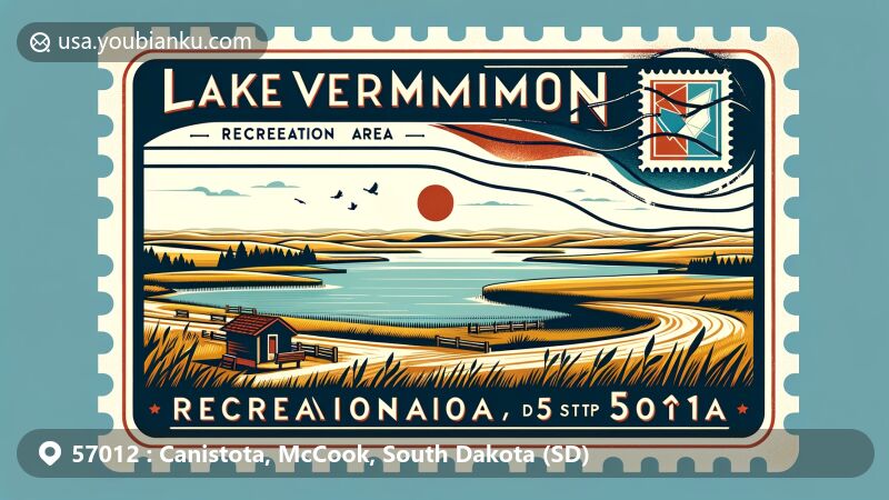 Modern illustration of Lake Vermillion Recreation Area in Canistota, South Dakota, featuring a stylized postcard border, stamps, and postmark with ZIP Code 57012, set against expansive prairies and a lake.