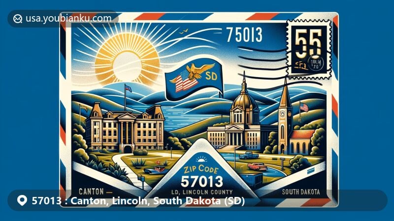 Modern illustration of Canton, Lincoln County, South Dakota, featuring iconic landmarks like Newton Hills State Park, The Kennedy Mansion, Lincoln County Courthouse, and Canton Lutheran Church, set against the backdrop of Sioux Valley's rolling hills and Big Sioux River.