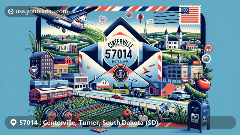 Modern illustration of Centerville, South Dakota, showcasing postal theme with ZIP code 57014, featuring downtown community garden, city parks, museum, cycling, hiking, agricultural roots, Scandinavian heritage, stamps, and mailbox.