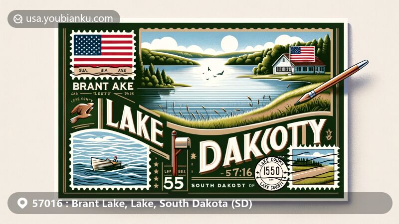 Modern illustration of Brant Lake, Lake County, South Dakota, showcasing a decorative postcard with postal theme and ZIP code 57016, featuring South Dakota flag and map outline of Lake County.