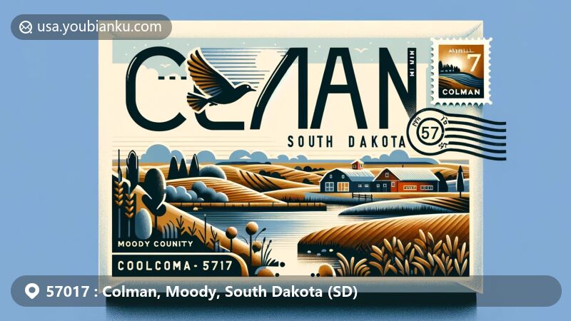 Modern illustration of Colman, Moody County, South Dakota, showcasing postal theme with ZIP code 57017, featuring rural landscapes and nature preserves.