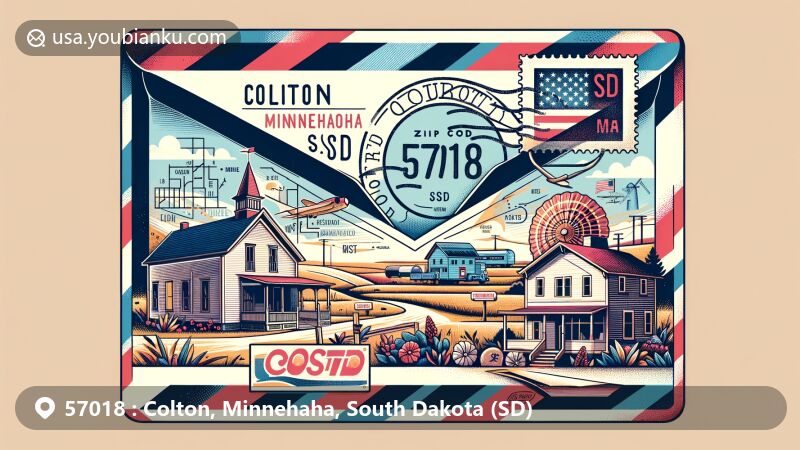Vintage-style illustration of Colton, Minnehaha, South Dakota, featuring airmail envelope with ZIP code 57018, schoolhouse, creamery, and Minnehaha County map.