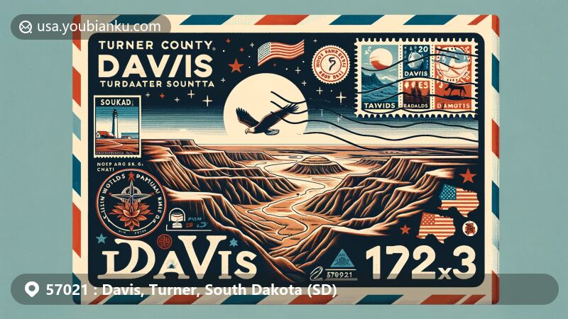 Modern illustration of airmail envelope, Davis, Turner County, South Dakota, with ZIP code 57021, featuring Badlands National Park and Native American culture symbols.