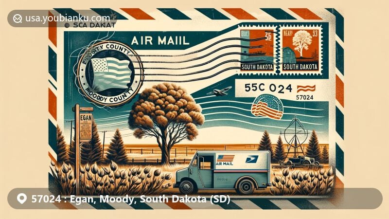 Modern illustration of Egan, Moody County, South Dakota, showcasing postal theme with ZIP code 57024, featuring historical marker 'Lone Tree' and South Dakota state symbols.