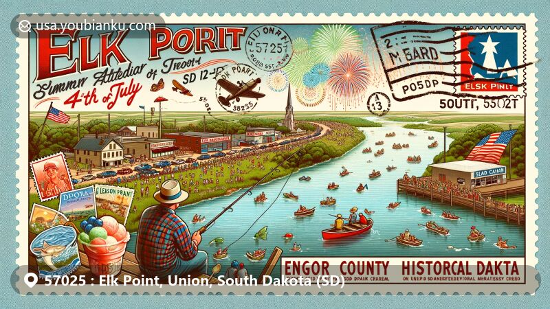 Modern illustration of Elk Point, South Dakota, capturing fishing scene by Missouri River, 4th of July parade, stamps, postmark 'Elk Point, SD 57025', Edgar's Soda Fountain ice cream, and Union County Historical Museum.