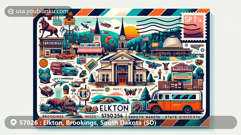 Modern illustration of Elkton and Brookings, South Dakota, depicting famous landmarks like Nick's Hamburger Shop and Pioneer Park Bandshell, showcasing outdoor activities such as hiking and wildlife observation. Includes elements of South Dakota State University and postal theme with stamp, postal mark '57026', and vintage mail truck.