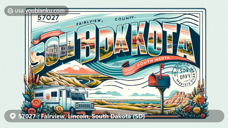 Modern illustration of Fairview, Lincoln County, South Dakota, showcasing postal theme with ZIP code 57027, featuring Custer State Park, Badlands National Park, Spearfish Canyon Scenic Byway, Oscar Howe inspired elements, classic mailbox, and mail truck.