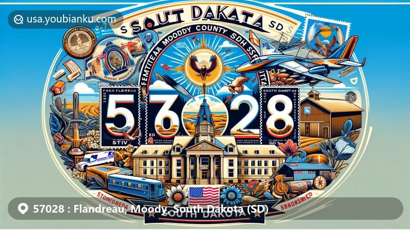Modern illustration of Flandreau, Moody County, South Dakota, depicting ZIP Code 57028 with a vibrant postal theme, showcasing cultural landmarks like the Moody County Courthouse and Pettigrew Barn, along with symbols of the Flandreau Santee Sioux Tribe.
