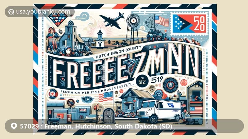 Modern illustration of Freeman, Hutchinson, South Dakota (SD), highlighting postal theme with ZIP code 57029, featuring community demographics, Russian Mennonite immigrant history, vibrant community life, and Freeman Veterans Memorial.
