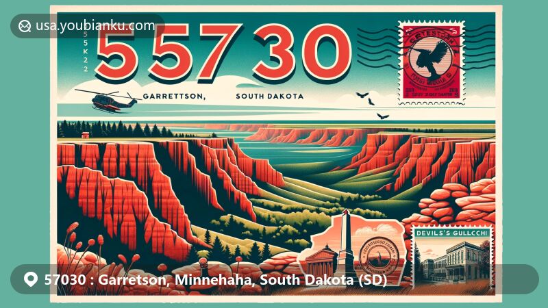 Vibrant postcard-style illustration of Garretson, South Dakota, showcasing red quartzite rock formations in Palisades State Park and historical elements like Devil's Gulch and symbols from Garretson Area Historical Society and Museum.