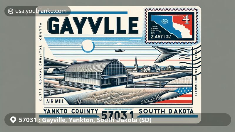 Modern illustration of Gayville, Yankton County, South Dakota, featuring airmail envelope with Yankton County outline postage stamp, state flag, Mead Cultural Education Center, and ZIP code 57031.