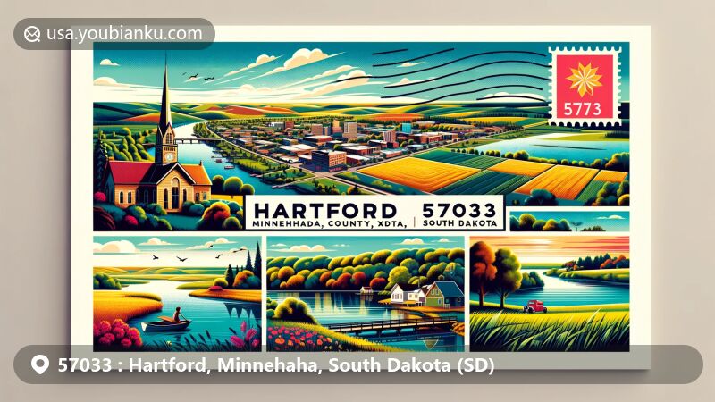 Modern illustration of Hartford, Minnehaha County, South Dakota, presenting postcard theme with ZIP code 57033, featuring natural landscapes, charming small-town streets, and recreational activities like fishing and boating.