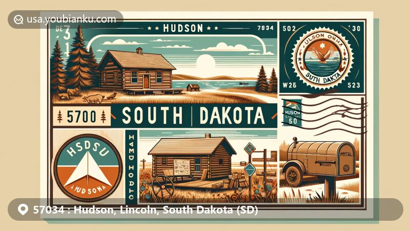 Modern illustration of Hudson, Lincoln County, South Dakota, showcasing postal theme with ZIP code 57034, featuring the iconic Hudson Scout Cabin and a tranquil rural community setting.