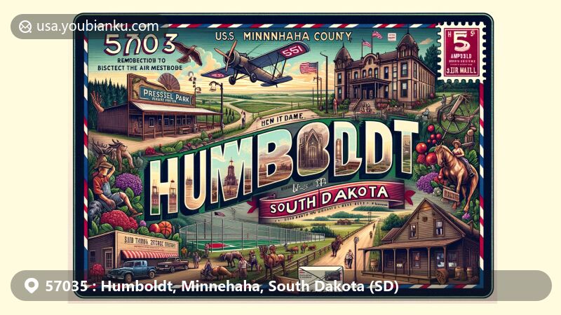 Vintage-style illustration of Humboldt, Minnehaha County, South Dakota, inspired by a postcard design, featuring Pressler Park, USS South Dakota Battleship Memorial, and local cuisine, set against a rustic rural backdrop.