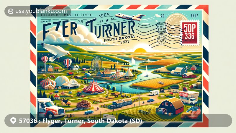 Modern illustration of Flyger, Turner, South Dakota, highlighting rural and agricultural beauty of Turner County with rolling hills, agricultural fields, and key landmarks like Swan Lake and Mud Lake.