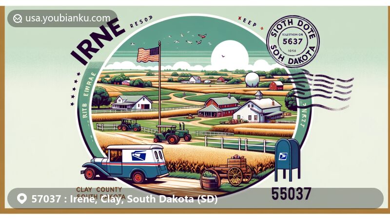 Modern illustration of Irene, South Dakota, depicting rural landscape with farmlands and golf course, showcasing South Dakota state flag and postal elements.