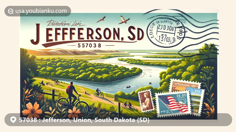 Modern illustration of Jefferson, South Dakota, featuring postal theme with ZIP code 57038, showcasing Horseshoe Lake, Big Sioux River, and outdoor activities like hiking and biking.