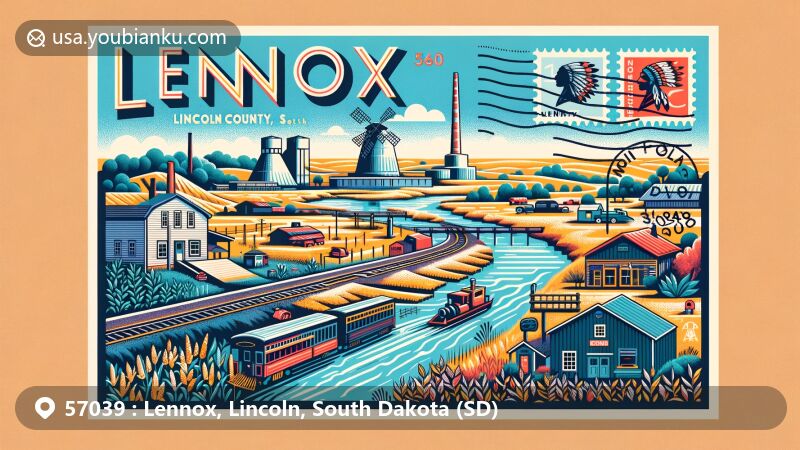 Modern illustration of Lennox, Lincoln County, South Dakota, resembling a postcard with ZIP code 57039, featuring the Big Sioux River, Native American symbols, and railroad history.