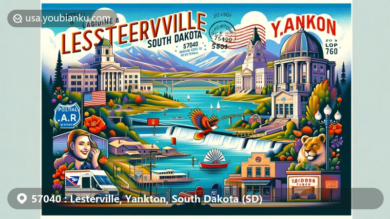 Modern illustration of Lesterville and Yankton area in South Dakota, ZIP Code 57040, showcasing regional and postal features, including landmarks like Lewis and Clark Lake and Gavins Point Dam, cultural sites like G.A.R. Hall Art Gallery and Dakota Theater.