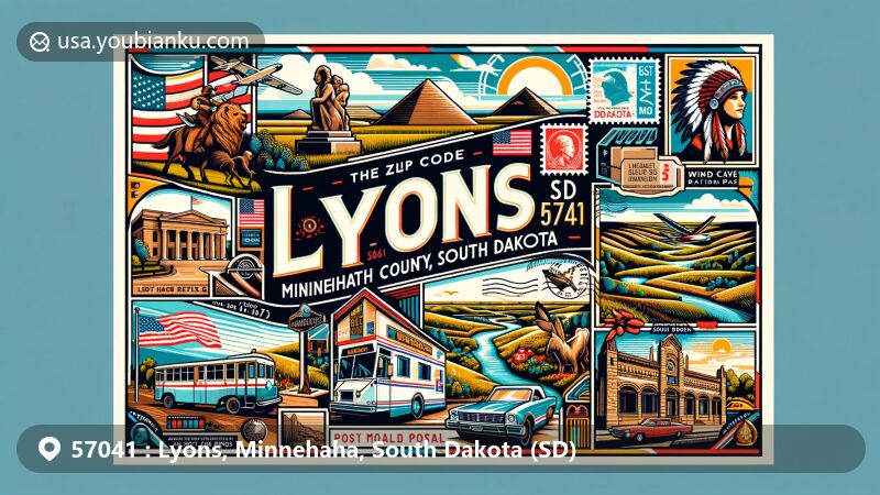 Vibrant illustration of Lyons, Minnehaha County, South Dakota, featuring regional landmarks such as Crazy Horse Memorial, Wind Cave National Park, Mammoth Site, and Deadwood, with classic postal elements like postcard layout and vintage stamps.