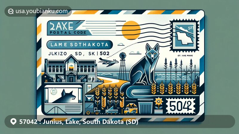 Modern illustration of Junius, Lake, South Dakota, in postal theme with ZIP code 57042, featuring iconic building, coyote symbol, cornfield, and postal elements.