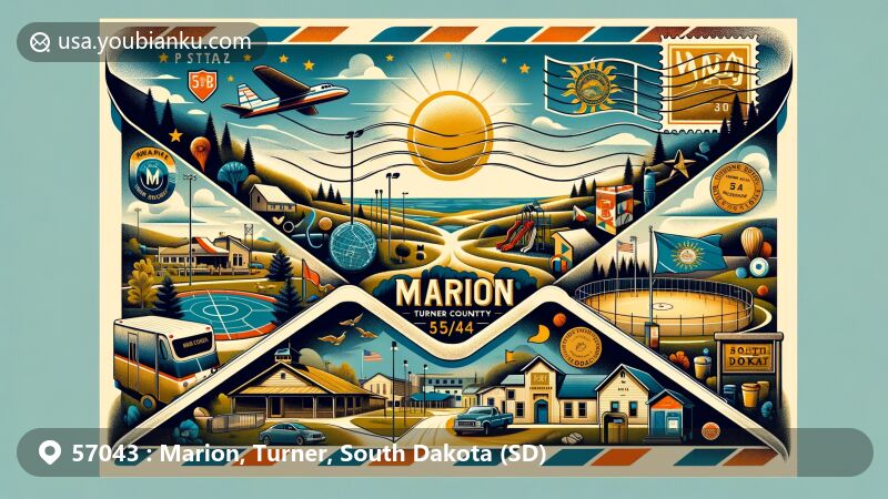 Modern illustration of Marion, Turner County, South Dakota, highlighting postal theme with ZIP code 57043, featuring Hieb Memorial Park, South Dakota state flag elements, and decorative postal symbols.