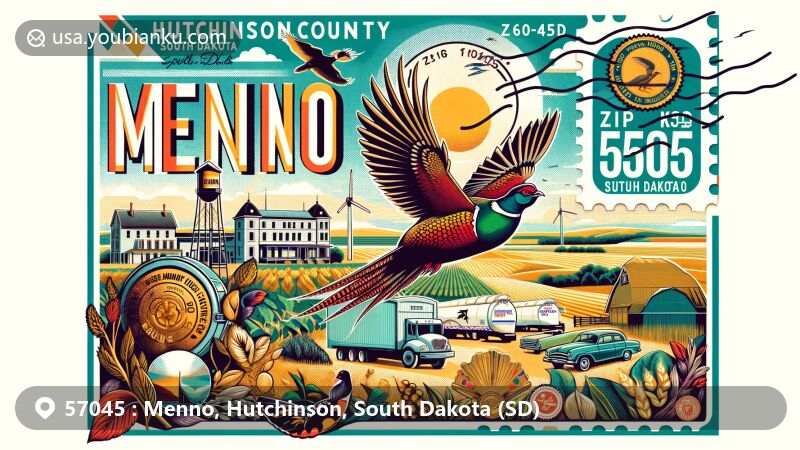 Vintage air mail envelope illustration for Menno, Hutchinson County, South Dakota, depicting ZIP code 57045 and iconic state symbols like the flag and ring-necked pheasant.