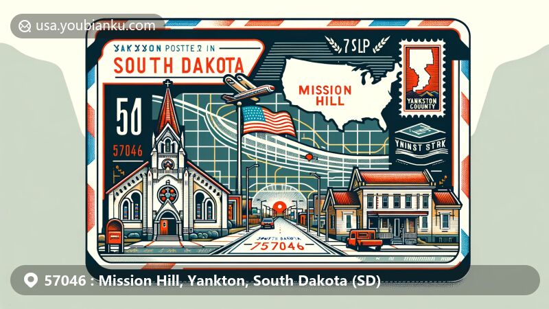 Modern illustration of Mission Hill, Yankton County, South Dakota, featuring postcard design with Van Osdel House and United Church of Christ, highlighting historic landmarks and South Dakota state symbols.