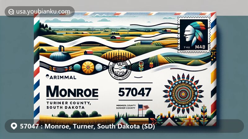 Wide-format illustration of Monroe, Turner County, South Dakota, displaying airmail envelope with ZIP code 57047, featuring pastoral scenery, farms, rural life, and Native American art elements.