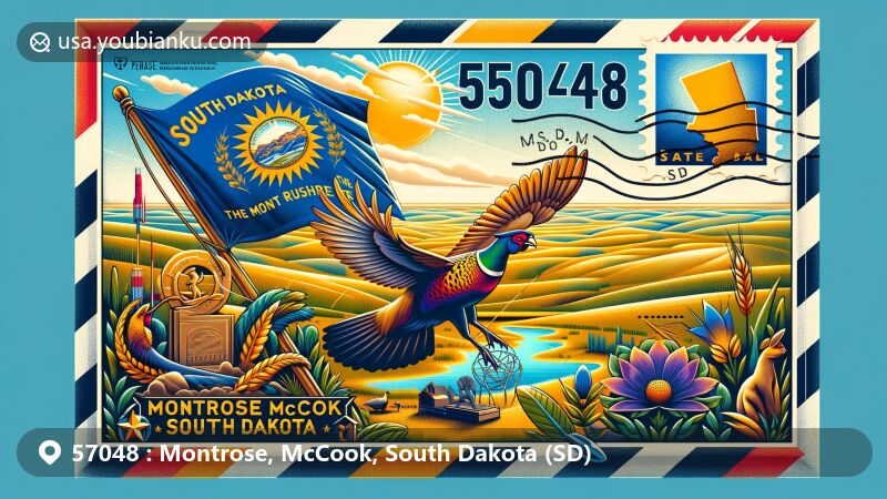 Creative depiction of Montrose, McCook, South Dakota (SD), in the style of an airmail envelope with ZIP Code 57048, featuring state flag, Ring-necked Pheasant, Pasque Flower, Porter Sculpture Park, and tranquil prairie landscapes.