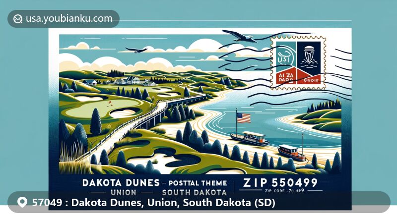 Modern illustration of Dakota Dunes, Union County, South Dakota, resembling an airmail envelope or postcard, showcasing the Missouri River, a golf course, and a sense of community, along with iconic South Dakota symbols.