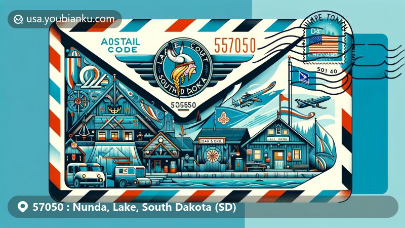 Modern illustration of Nunda, Lake County, South Dakota, with a postal theme reflecting Scandinavian heritage and local village features, including South Dakota state symbols and postal elements.