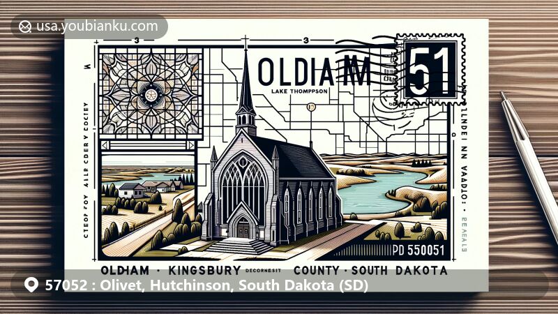 Modern illustration of Olivet, Hutchinson County, South Dakota, featuring vintage airmail envelope with ZIP code 57052, showcasing historic courthouse, Milltown Hutterite Colony, South Dakota state symbols, and postal elements.
