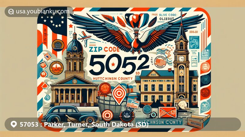Modern illustration of Parker, Turner County, South Dakota, featuring air mail envelope design with Turner County Fair scene on the left, Parker historical buildings on the right, and a South Dakota state flag postage stamp. ZIP code 57053 and 'Parker, SD' postmark are highlighted.