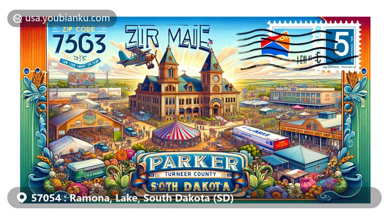 Modern illustrative depiction of Ramona, South Dakota's ZIP Code 57054, featuring Lake Herman State Park, Badus - Pioneer Swiss Colony, and Ingalls Homestead. Includes airmail envelope design with postal elements.