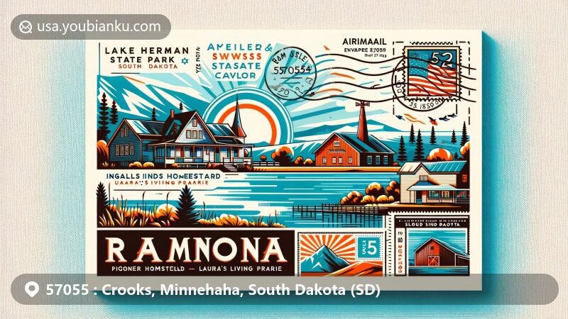 Modern illustration of Crooks, South Dakota, showcasing postal theme with ZIP code 57055, featuring South Dakota state flag and Minnehaha County outline.