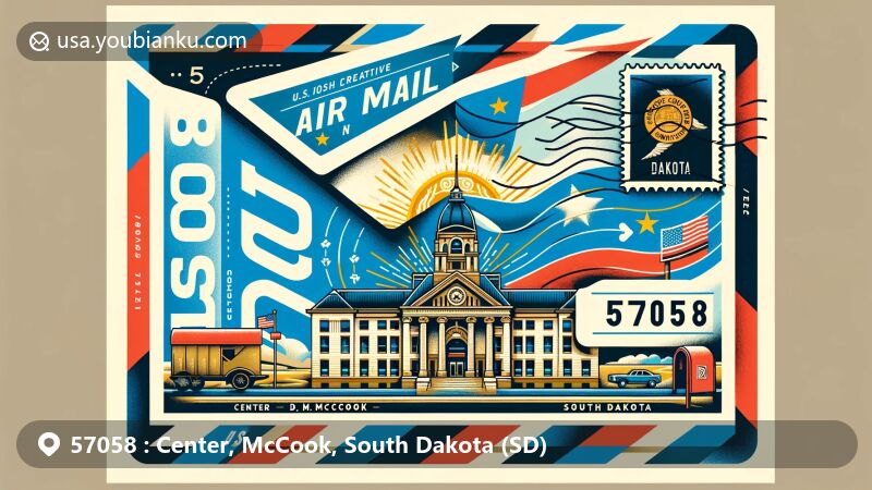 Modern illustration of Center, McCook County, South Dakota, presenting postal theme with ZIP code 57058, featuring McCook County Courthouse and South Dakota state flag.